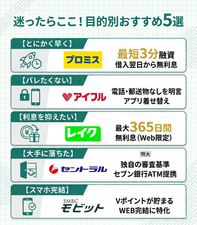 【結論】あなたにおすすめな借りやすい消費者金融を目的別に5つ厳選して紹介