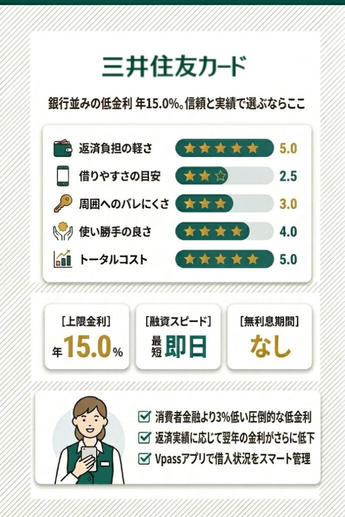 7位：三井住友カード プレミアムカードローン｜低金利と信頼性を重視して長期的に利用する