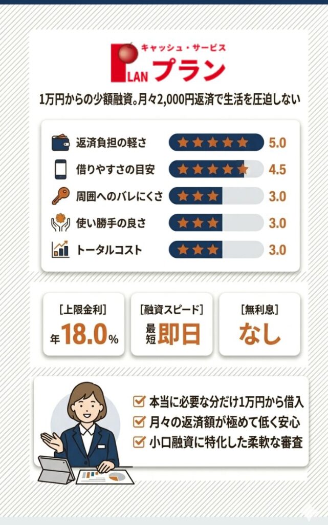 7位：プラン｜1万円からの少額融資に対応し月々の返済額を抑える