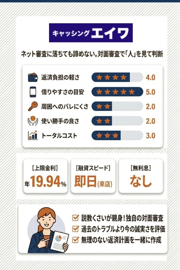 9位：キャッシングのエイワ｜対面審査で現状の人間性を評価してもらい借りる