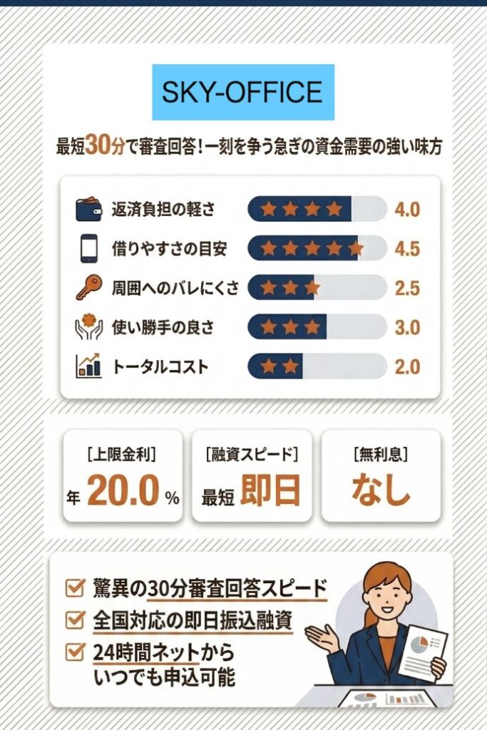 10位：スカイオフィス｜最短30分のスピード審査で急ぎの資金需要に応える