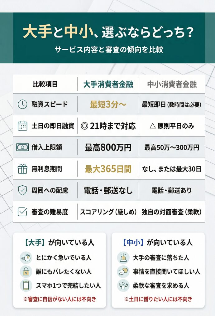 大手と中小の消費者金融の特徴比較画像